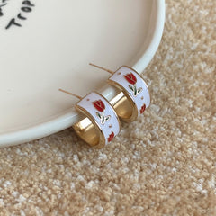 Vintage Style Red Rose Flower Hoop Earrings
