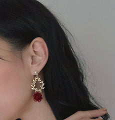 Valentine Princess Red Rose Wreath Earrings