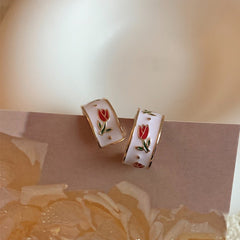 Vintage Style Red Rose Flower Hoop Earrings