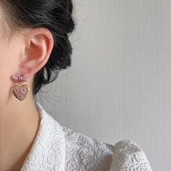 Pink Heart Tulip Flower Ribbon Bow Gold Earrings