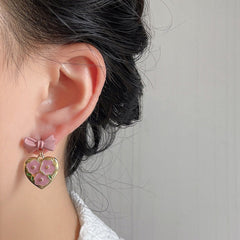 Pink Heart Tulip Flower Ribbon Bow Gold Earrings