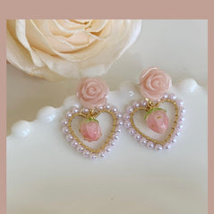 Rose Hoop Romantic Heart Strawberry Earrings