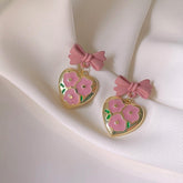 Pink Heart Tulip Flower Ribbon Bow Gold Earrings