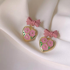 Pink Heart Tulip Flower Ribbon Bow Gold Earrings