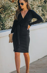 Ladies V-Neck Ribbed Belt Dress
