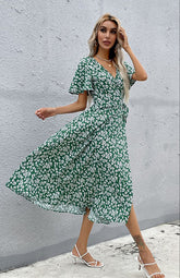 Short Sleeve Lace-Up Cardigan Print Dress