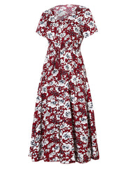 Bohemian Vintage Ethnic Pattern V-Neck Loose Long Dress