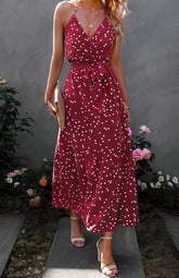 Ladies V Neck Sling Polka Dot Dress Long Dress