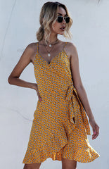 Printed Ruffled Lace-up Beach Slip Dress
