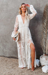 Lace Long Sleeve Deep V Solid Color Hollow Dress