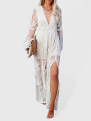 Lace Long Sleeve Deep V Solid Color Hollow Dress