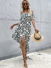 Nipped Waist Slim Midi Dress Short Sleeve Printed One-Shoulder Dress