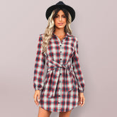 Seasonal single breasted plaid lace waist dress