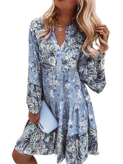 V-neck floral mosaic printed skirt cropped sleeve layered mini dress
