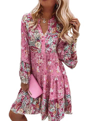 V-neck floral mosaic printed skirt cropped sleeve layered mini dress