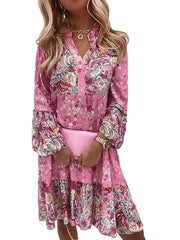 V-neck floral mosaic printed skirt cropped sleeve layered mini dress