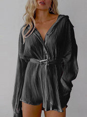 Pleated Long Sleeve Belted Shirt Casual Dress