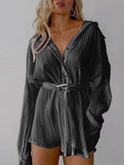 Pleated Long Sleeve Belted Shirt Casual Dress