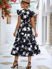 Floral V-neck Printed Flying Sleeve Dress