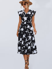Floral V-neck Printed Flying Sleeve Dress