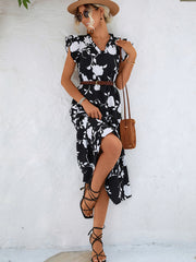 Floral V-neck Printed Flying Sleeve Dress