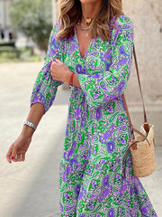 temperament v-neck bohemian print swing dress