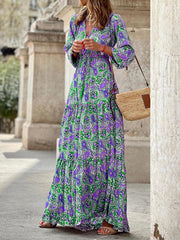 temperament v-neck bohemian print swing dress