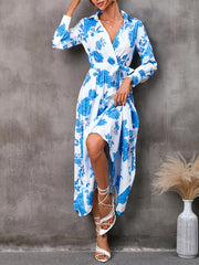 Casual all-match printed long-sleeved mid-length dress