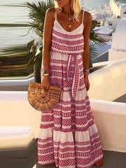 Bohemian style deep V-neck printed beach holiday style suspender dress