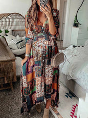Bohemian v-neck print V-neck long sleeve long beach dress