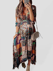 Bohemian v-neck print V-neck long sleeve long beach dress