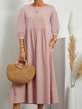 Solid color lantern sleeve loose cotton linen pocket dress