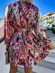 print waist V-neck long-sleeved dress