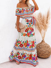 one-shoulder printed long swing dress