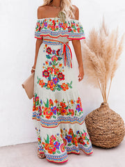 one-shoulder printed long swing dress