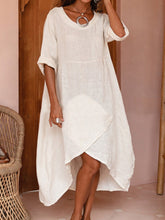 Casual cotton linen round neck solid color three-quarter sleeves loose mid-length dress