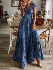Bohemian style one-piece long dress waist floral print large swing dress