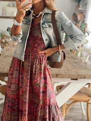 Bohemian style one-piece long dress waist floral print large swing dress