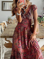 Bohemian style one-piece long dress waist floral print large swing dress