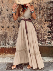 French style high waist V-neck stitching mid-length dress maxi dress