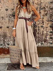 French style high waist V-neck stitching mid-length dress maxi dress