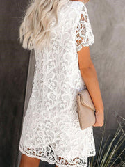 casual and elegant round neck hollow lace midi dress