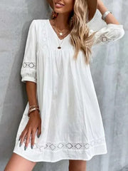 V-neck simple cotton mid-sleeve casual vacation dress