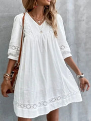 V-neck simple cotton mid-sleeve casual vacation dress