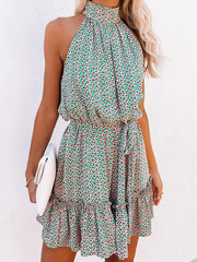 style small floral print halter neck wood ear dress