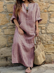 cotton and linen yarn-dyed striped loose long dress