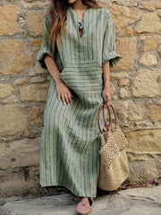 cotton and linen yarn-dyed striped loose long dress