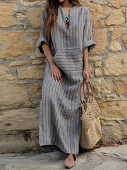 cotton and linen yarn-dyed striped loose long dress