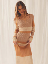 One-neck off-the-shoulder hollow beach long-sleeved knitted striped dress