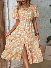 Casual Ladies Button Slit Floral Print Dress